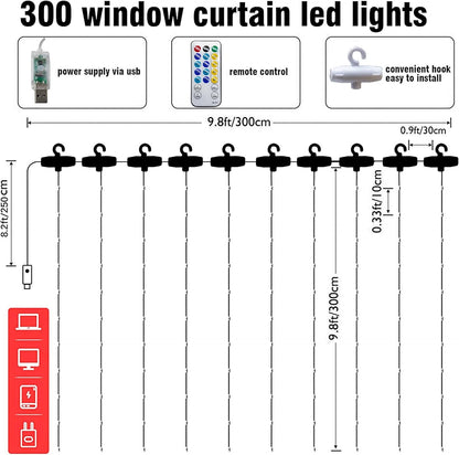Dazzle Bright Curtain String Lights, 300 LED 9.8ft x9.8ft Warm White Fairy Lights with 8 Lighting