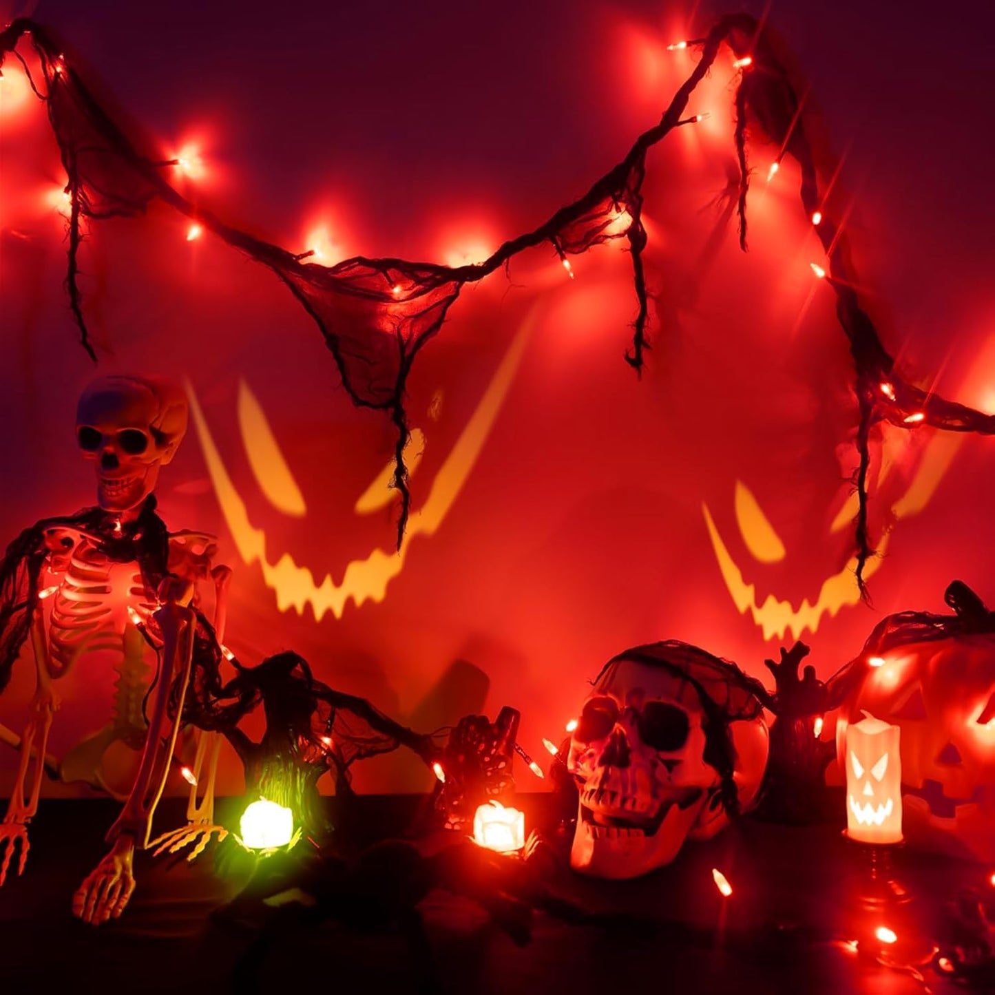 Halloween Horror Atmosphere Lights, Orange&Purple LED String Lights with 9.9FT Creepy Black Gauze