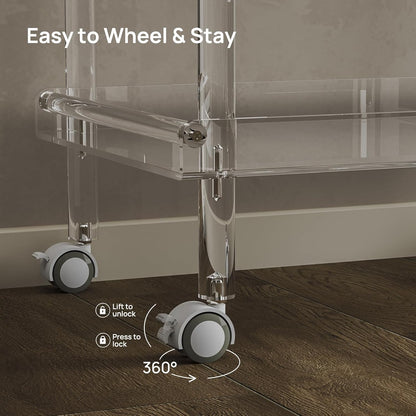 HMYHUM Acrylic Bar Cart, Rolling Serving Cart with 4 Lockable Wheels for The Home Bar, Kitchen