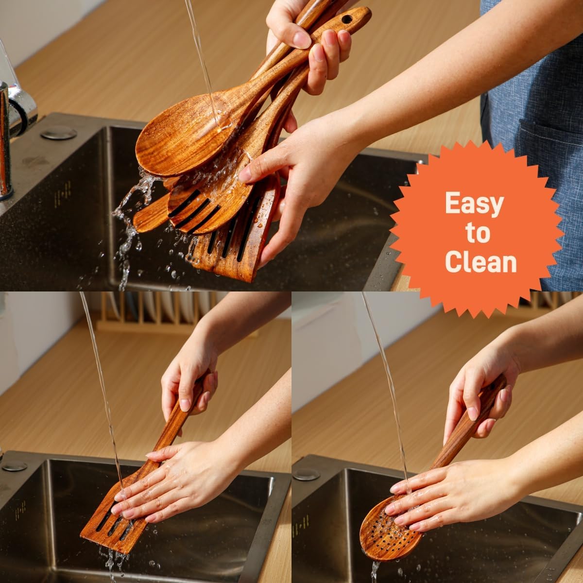 6 PCS Wooden Spoons for Cooking - Teak Wooden Cooking Utensils Set with Holder - Non-Stick, Soft