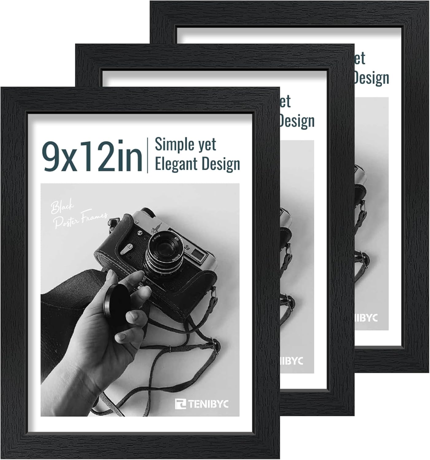9x12 Frame 3 Pack - Black Woodgrain, 9 x 12 Picture Frame with HD Tempered Glass, Table or Wall