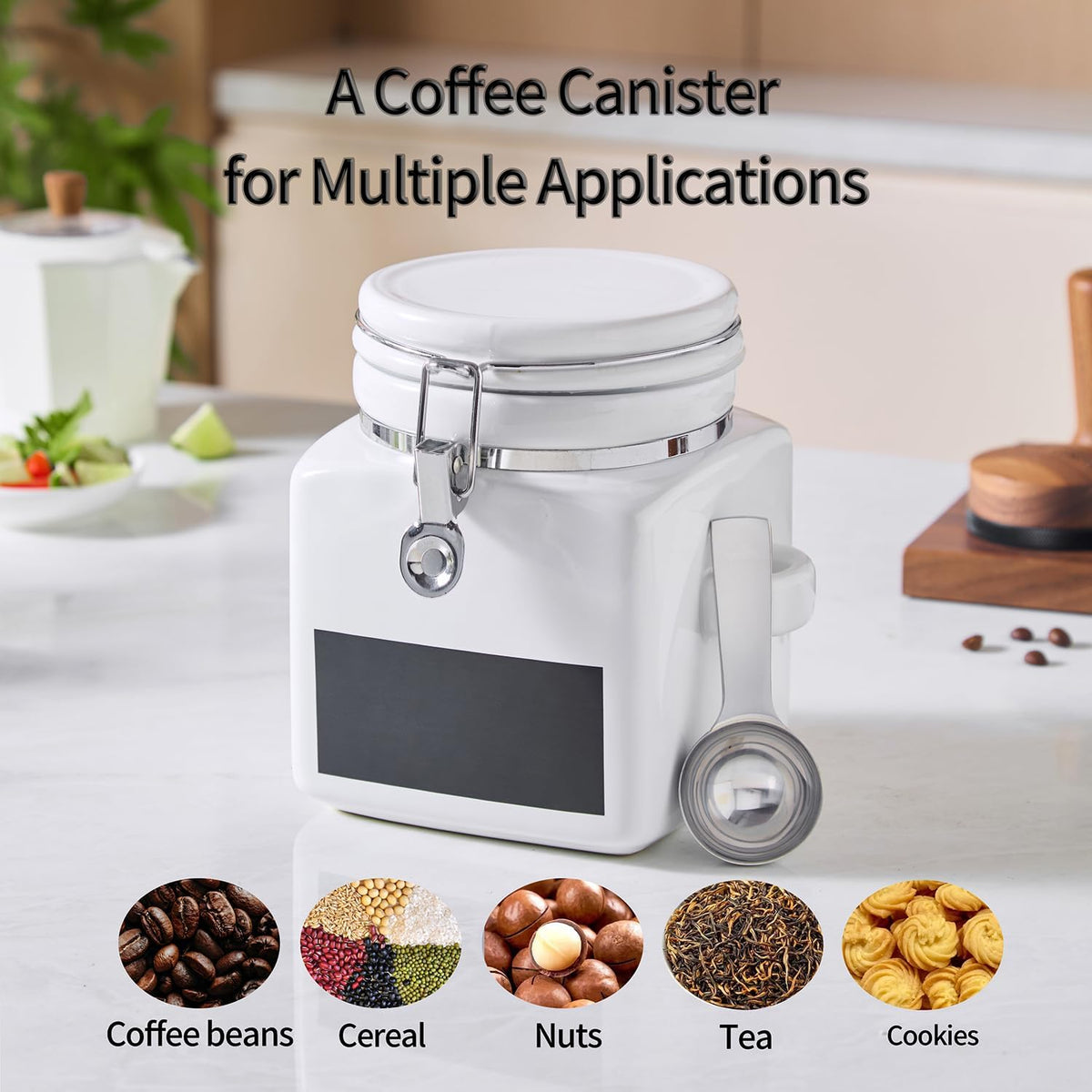 Ceramic Coffee Canister with Airtight Lid and Scoop, Large 74 Fl Oz / 2.2 L Kitchen Food Storage