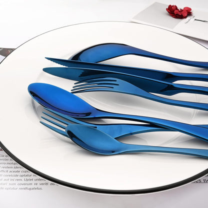 24-Piece Blue Flatware, Mirror 18/10 Stainless Steel Modern & Luxury Dinnerware Set With Serrated