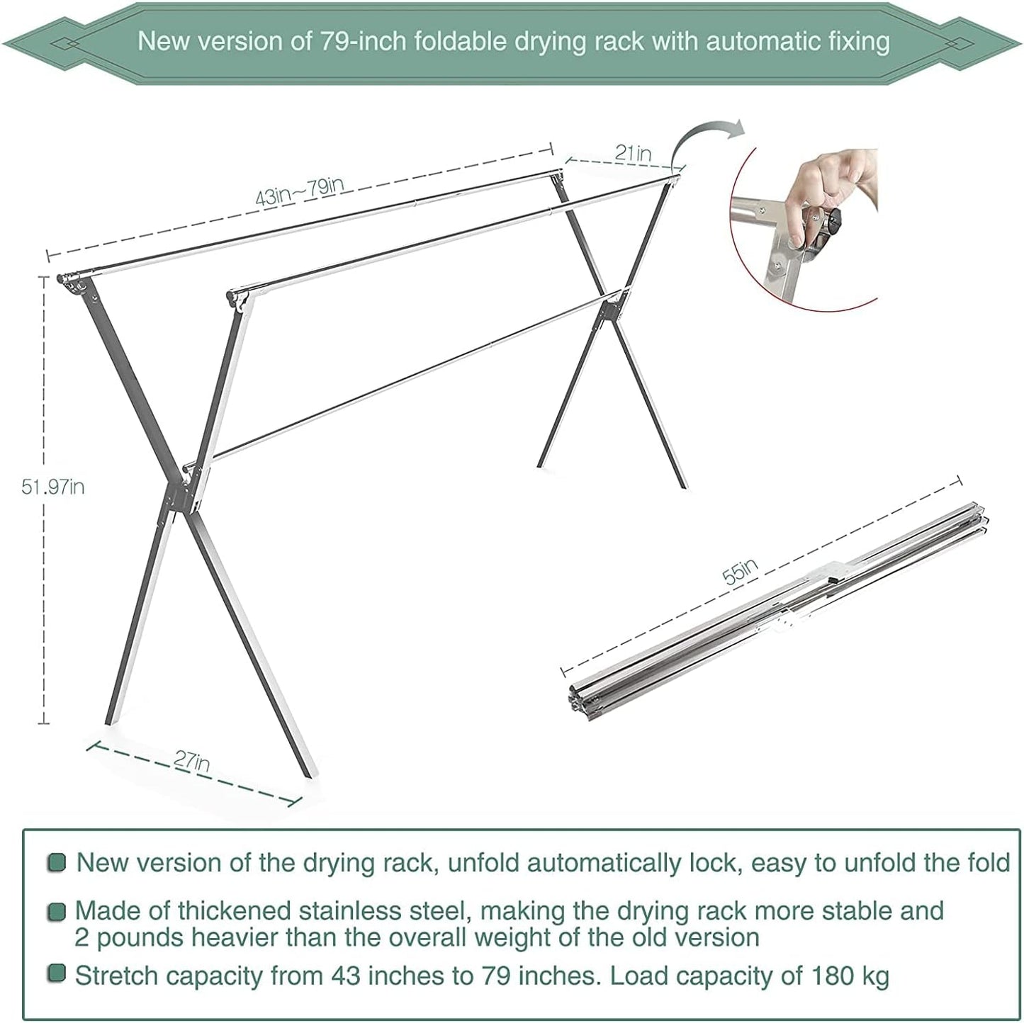 Clothes Drying Racks Outdoor, 64 Inches Updated Version,Stainless Steel Laundry Drying Rack for