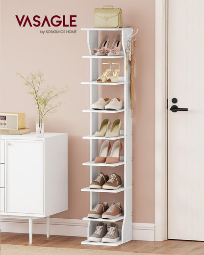 VASAGLE 9-Tier Vertical Shoe Rack, Narrow Shoe Storage Organizer with Hooks, Slim Corner Tower