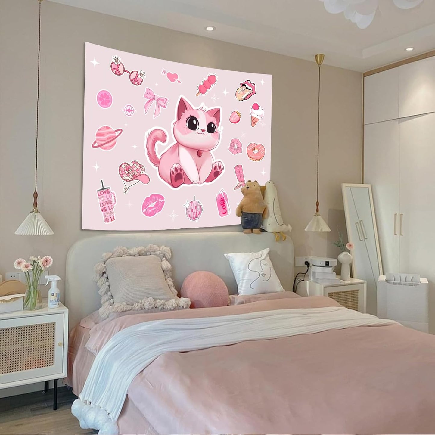 Lunerfex Y2K Tapestry Pink Cat Wall Tapestry, Cute Tapestries for Bedroom Funny Tapestries Wall