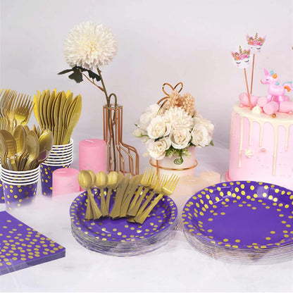 AIRE 175PCS Purple Gold Paper Plates Party Supplies for 25 Guests Party Decorations Disposable