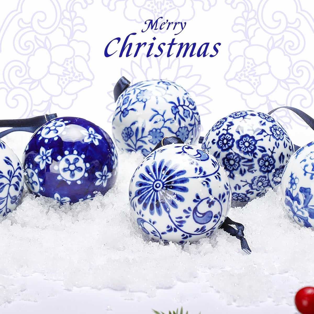Cindeer 6 Pcs Blue and White Christmas Porcelain Balls 2.4 Inch Porcelain Chinoiserie Ornament Bulk