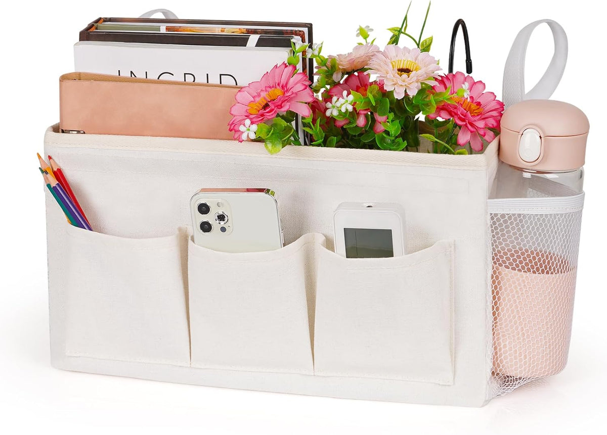 Bedside Caddy Bedside Organizer Bedside Storage Caddy with Fixed Straps and Water Bottle Holder for