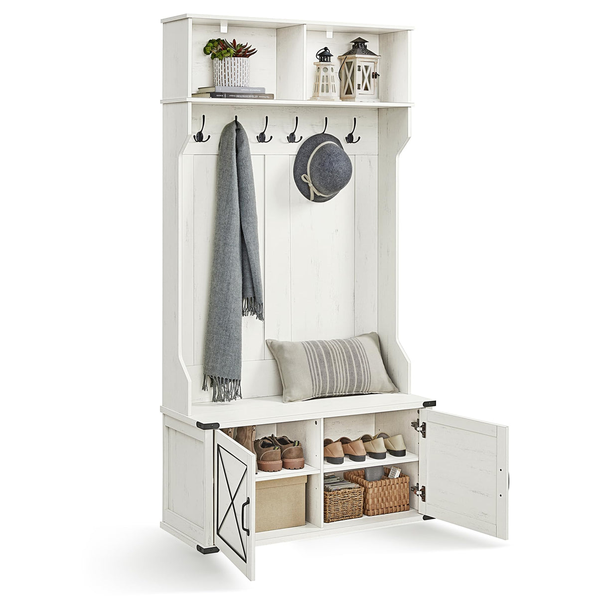 VASAGLE Hall Tree with Bench and Shoe Storage, Coat Rack with Shoe Bench, Shoe Cabinet, 2 Open