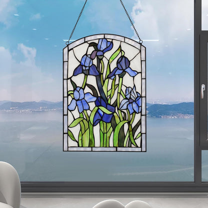 YOURANJU Iris Stained Glass Window Hanging 16" H x 11" W Tiffany Style Blue Rectangular Window