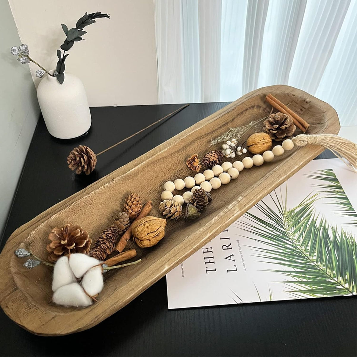 Wooden Dough Bowl Decor, Vintage Wooden Bowl Hand Carved Home Decor for Dining Table Center, Living
