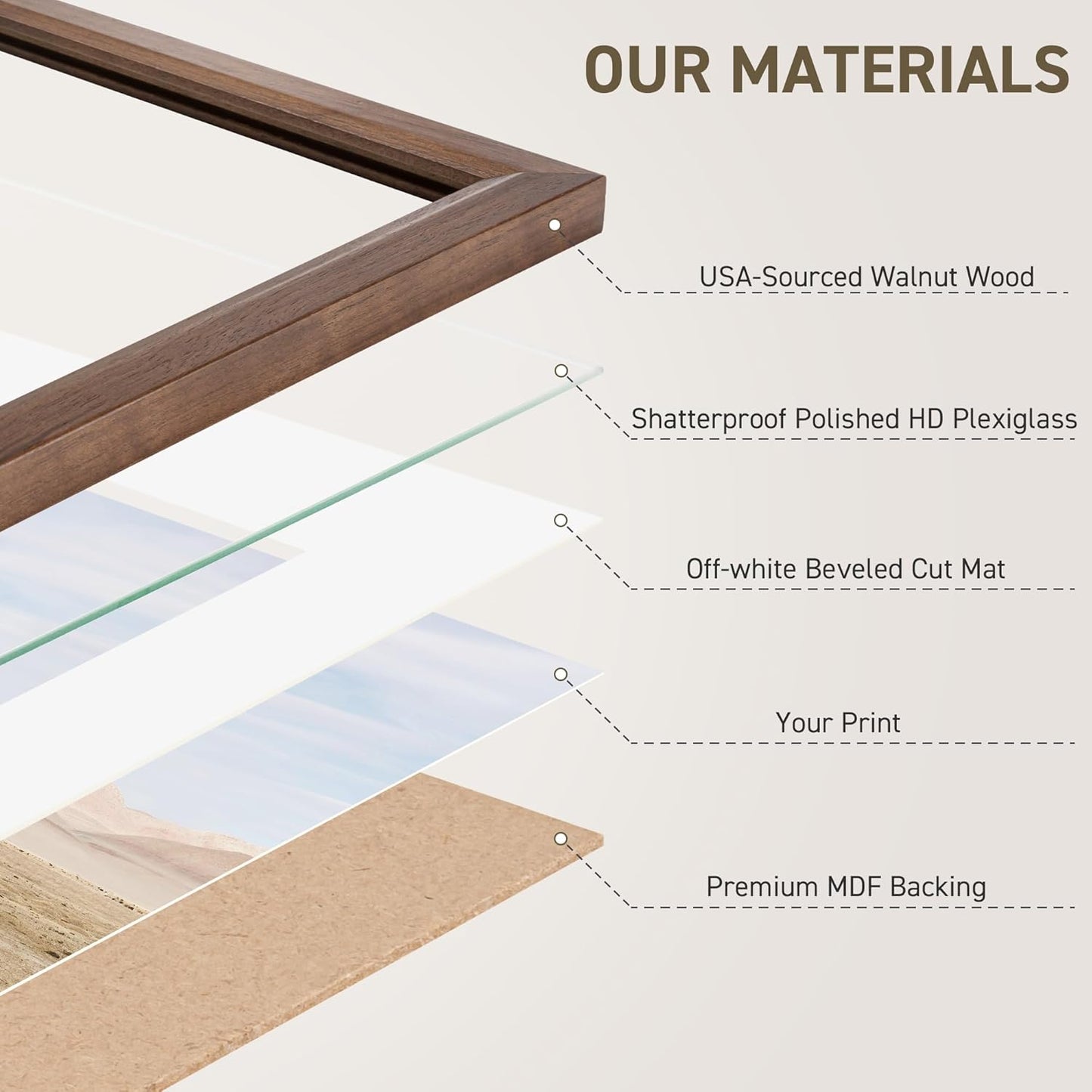 12x16 Picture Frame Set of 4 Natural Solid Walnut Photo Frames with 8.5x11 Removable Mat Wall