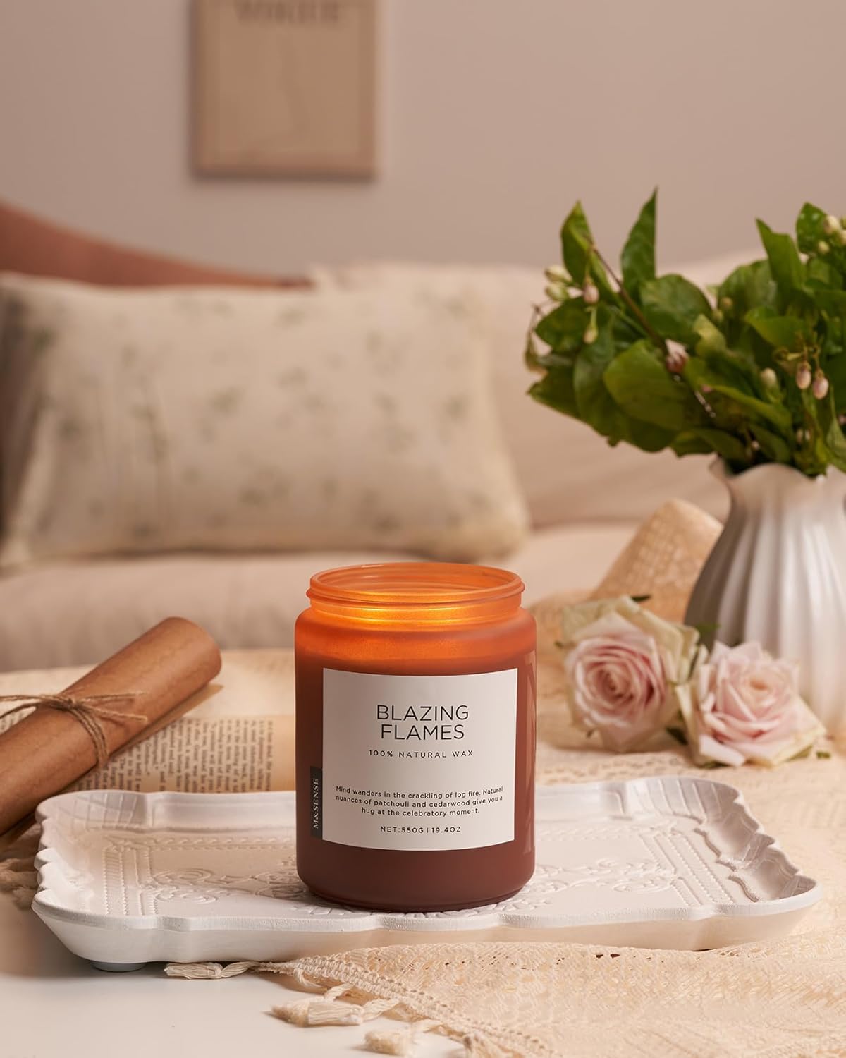 M&SENSE Blazing Flames Scented Candles with Log Fire - Patchouli & Cedarwood, Large Natural Soy