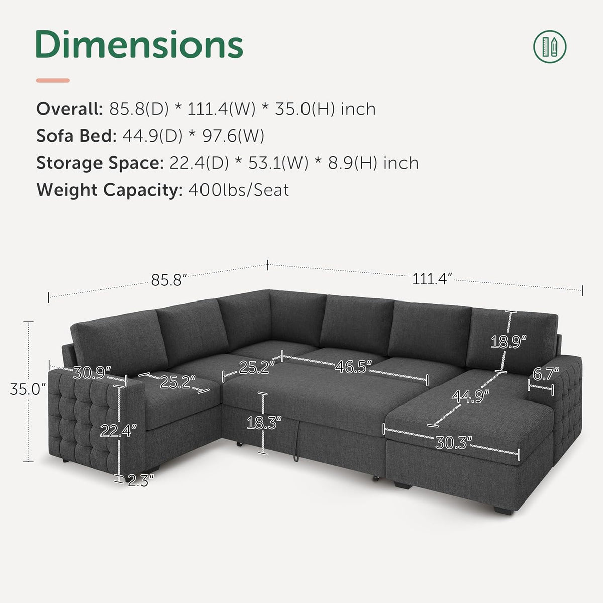 HONBAY Sectional Couch with Pull Out Bed, U-Shaped Sectional Sleeper Sofa with Storage, 6 Seater