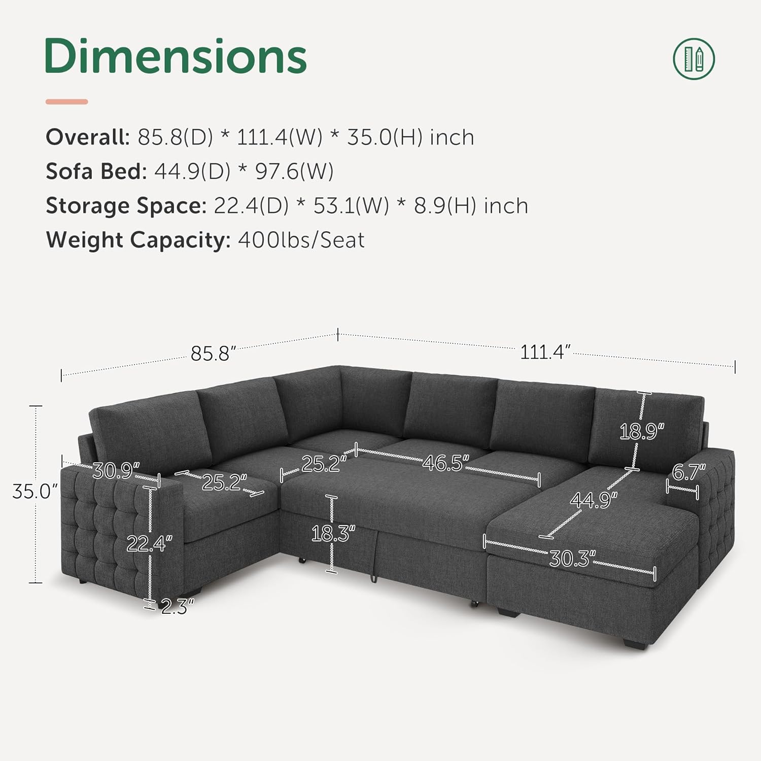 HONBAY Sectional Couch with Pull Out Bed, U-Shaped Sectional Sleeper Sofa with Storage, 6 Seater