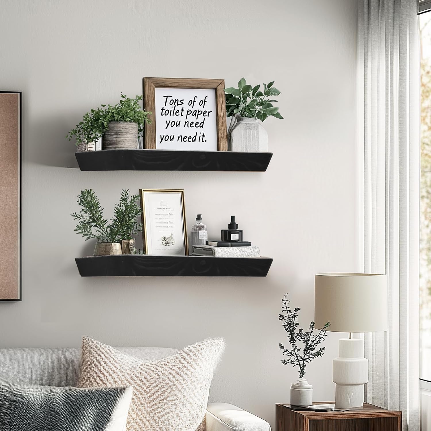 16"x6.8"x1.6" Slanted Floating Wall Shelves 2-Pack - Rustic Black Finish, Heavy-Duty Solid Wood