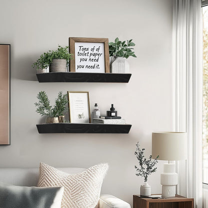 16"x6.8"x1.6" Slanted Floating Wall Shelves 2-Pack - Rustic Black Finish, Heavy-Duty Solid Wood