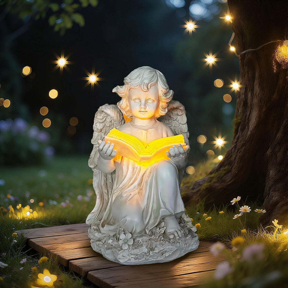 Garden Angel Statues for Outside, Solar Angel for Garden with Bible & Cemetery Decorations for