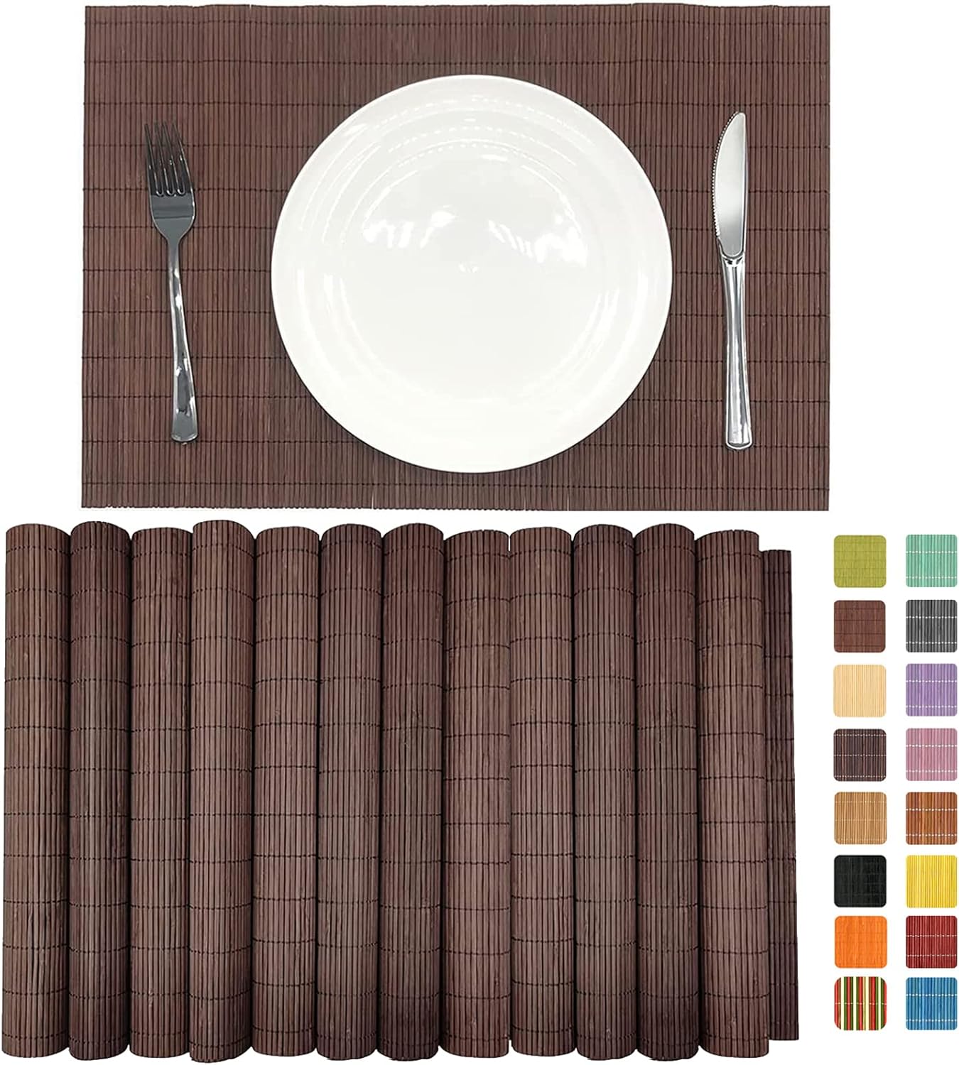 ANDSTAR Set of 12 Pcs Bamboo Placemats Natural Anti-Slip Bamboo Placemats Washable Heat-Resistant