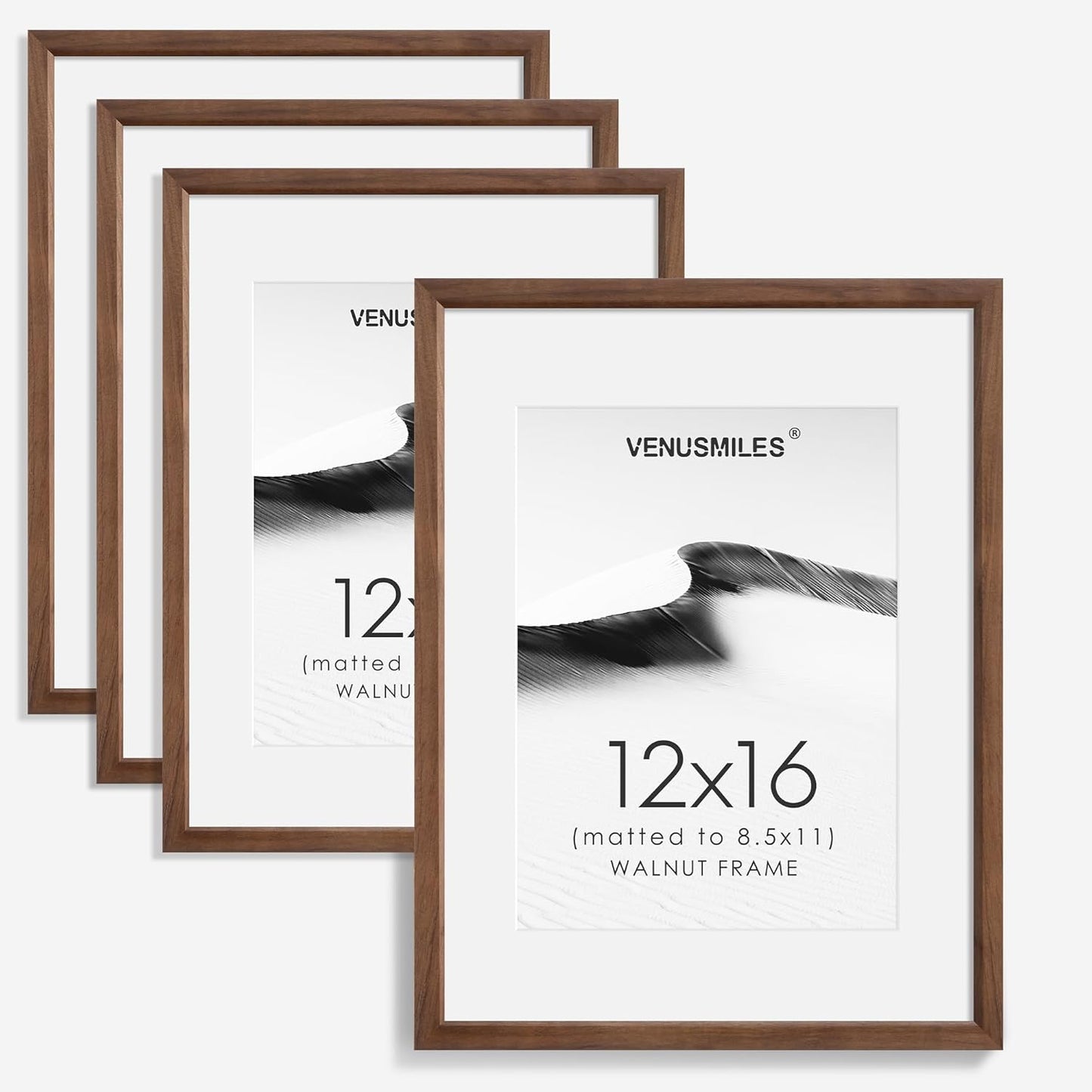 12x16 Picture Frame Set of 4 Natural Solid Walnut Photo Frames with 8.5x11 Removable Mat Wall
