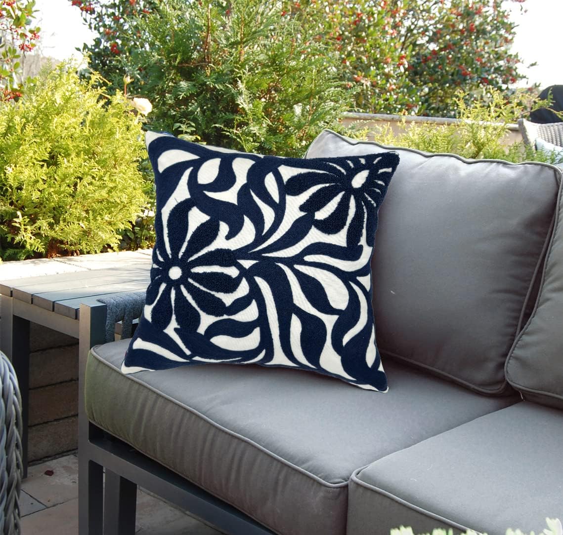 Alysheer Farmhouse Floral Leaves Embroidered Decorative Throw Pillow Cover 18x18 inches, Boho