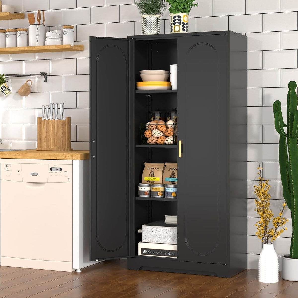 60" Tall Kitchen Pantry Cabinet, Metal Pantry Cabinet with Doors and Adjustable Shelves, Black