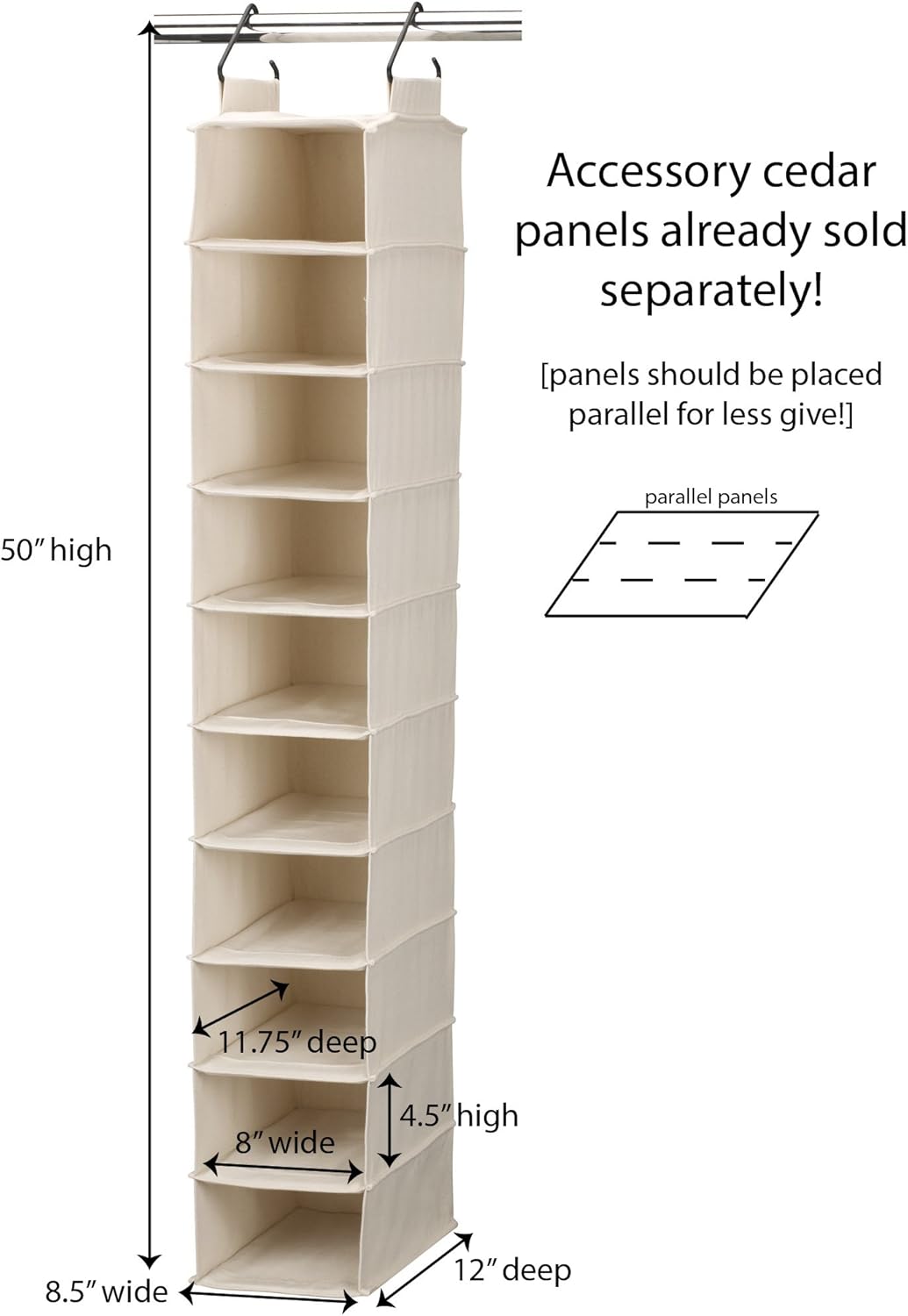 Household Essentials Hanging Shoe Organizer, 10 Wide Cubbies with Cedarline Pockets, Heavy-Duty