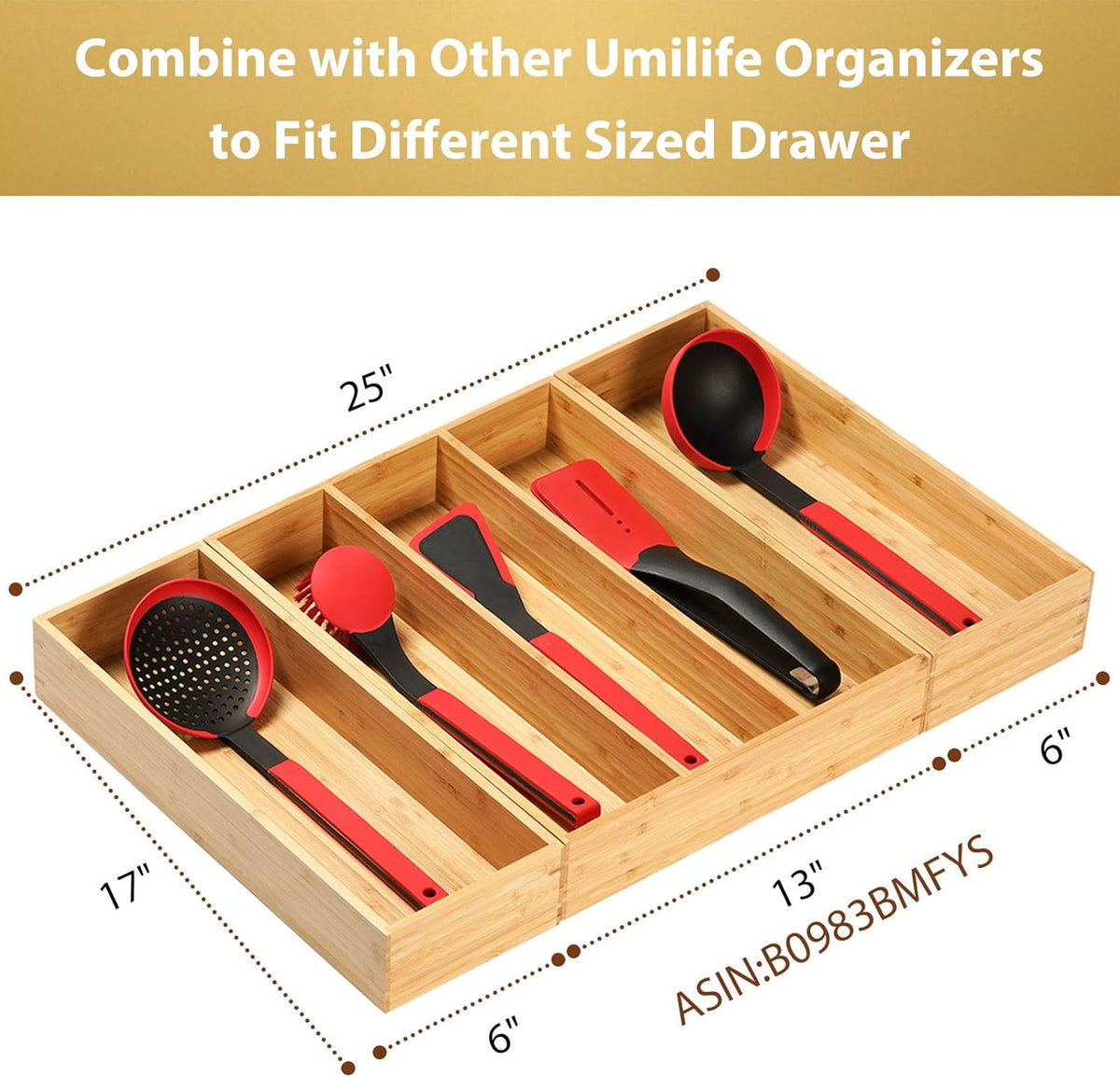 Umilife Bamboo Kitchen Utensils Organizer, Extra Long High Silverware Drawer Holder, Flatware
