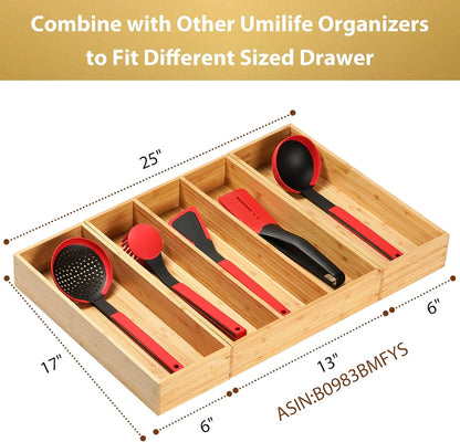 Umilife Bamboo Kitchen Utensils Organizer, Extra Long High Silverware Drawer Holder, Flatware