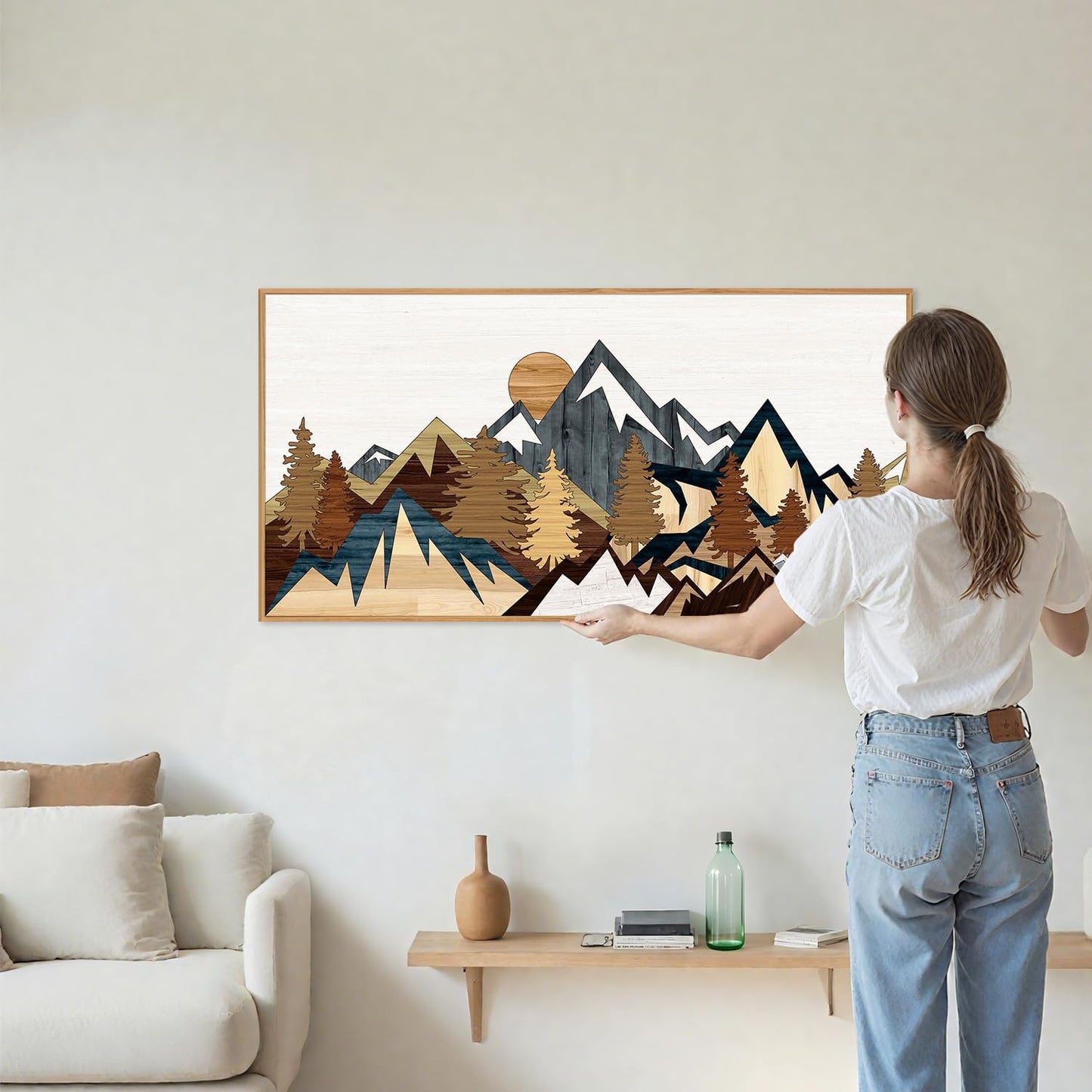 SIGNINART Large Mountain Framed Canvas Wall Art, Boho Sunrise Wilderness Wall Decor, Vintage Forest