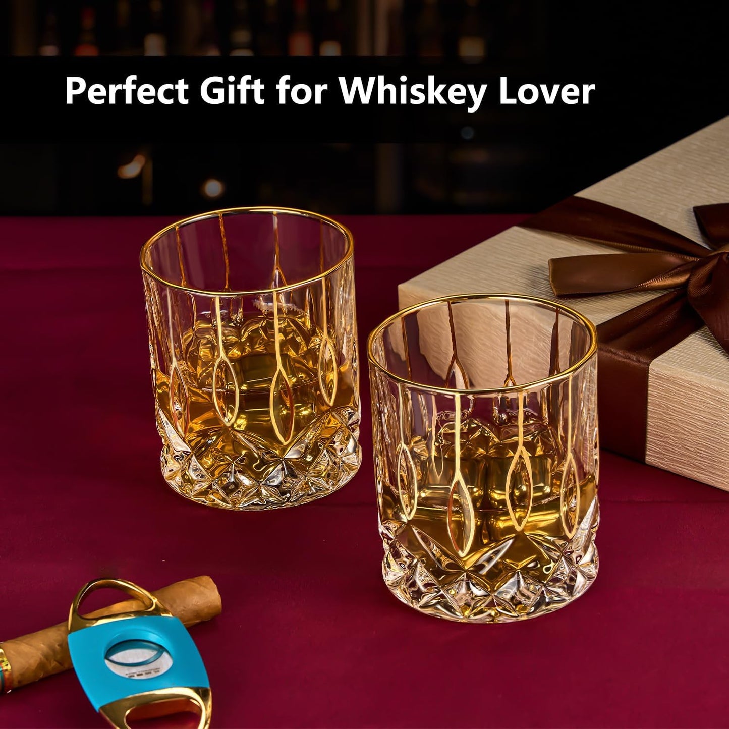 Gold Rim Whiskey Glasses Set of 2,Crystal Old Fashioned Glasses-Luxury Gold Collection,Perfect for