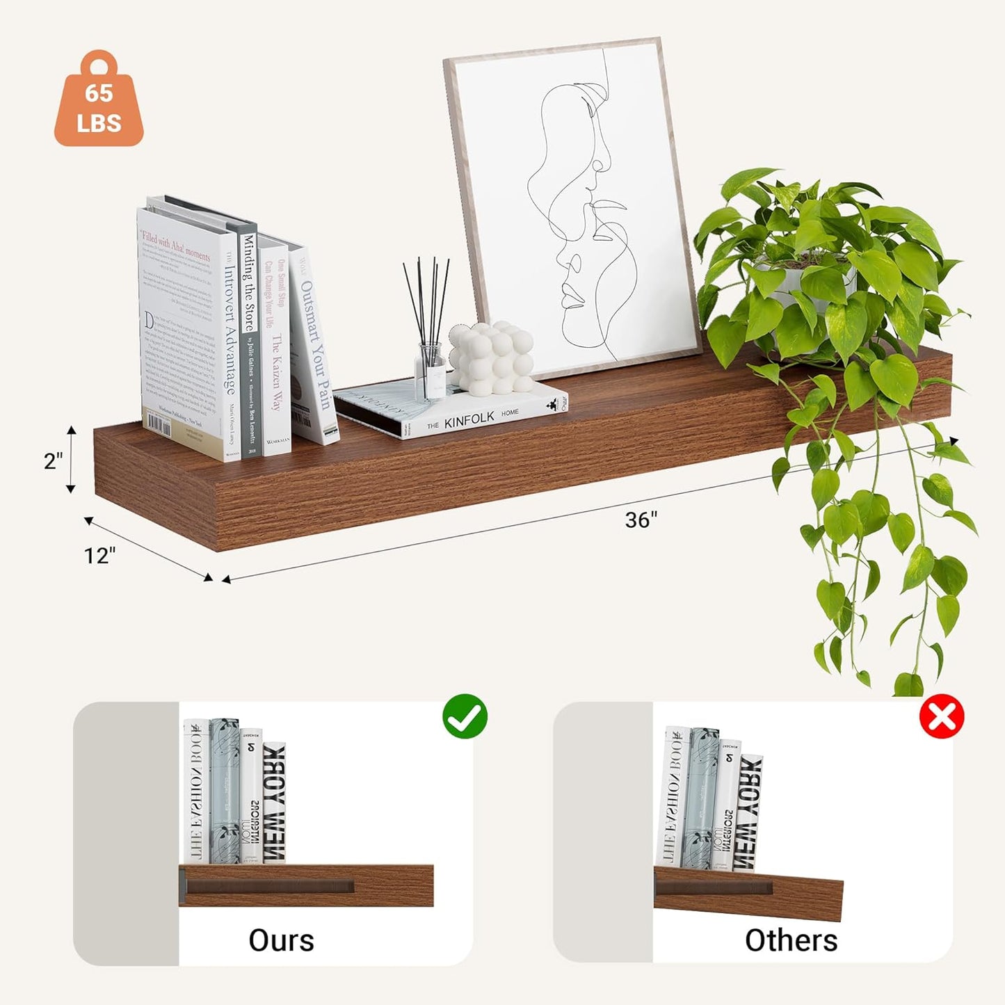 Heimlove 12" Deep Floating Shelves, 36 x 12 Inch Wall Mounted Long Floating Shelf with Invisible