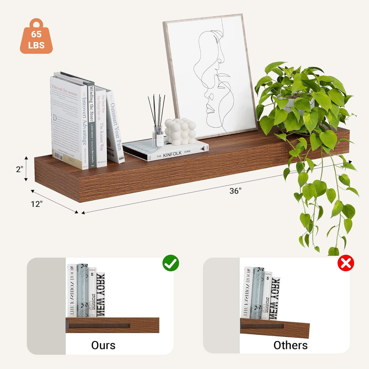 Heimlove 12" Deep Floating Shelves, 36 x 12 Inch Wall Mounted Long Floating Shelf with Invisible