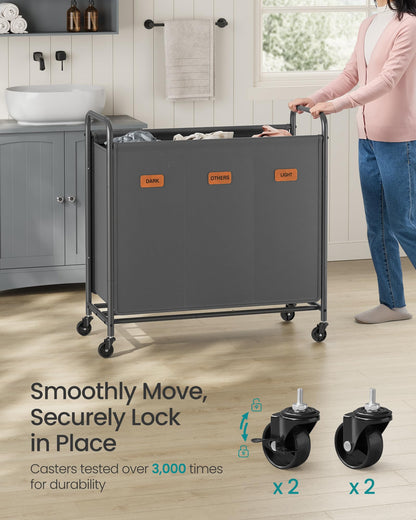 SONGMICS 3-Section Laundry Sorter, Laundry Hamper with Wheels, Rolling Clothes Hamper Cart with