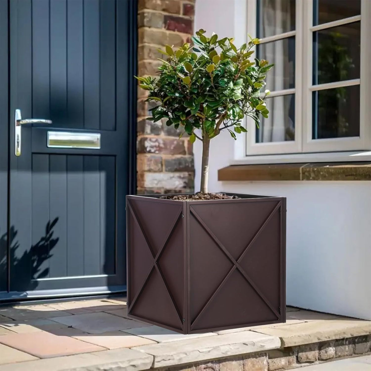 SUNNYPARK Large Metal Planter Box 17”x 17”x 18”, Square Modern Brown Metal Planter Box Heavy Duty