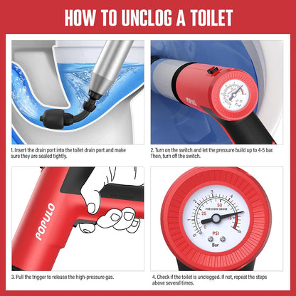POPULO Electric Toilet Plunger Swift High Pressure Drain Unclogger Plungers for Bathroom, Floors