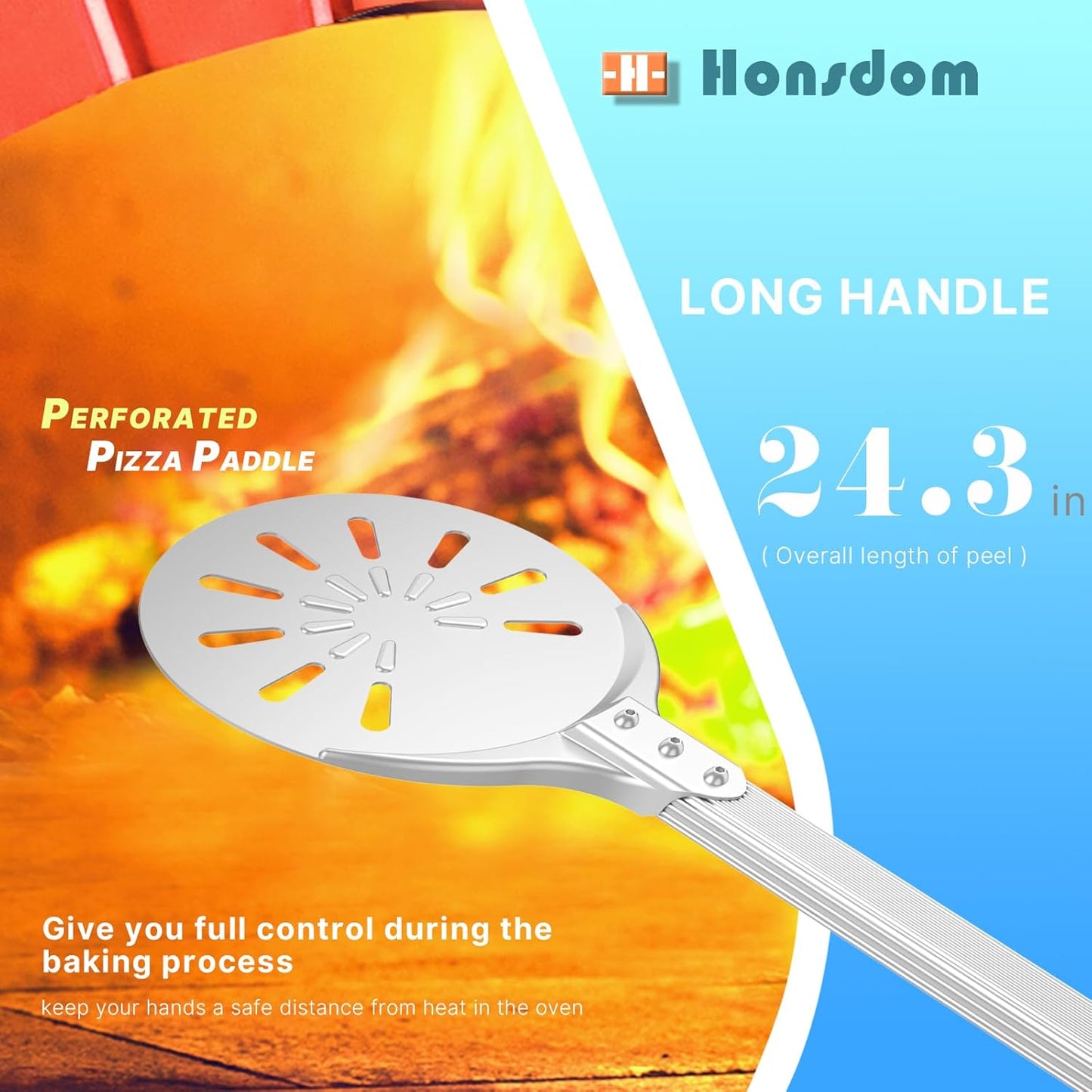 Pizza Turning Peel, 8-inch Pizza Peel Turner Spinner, Long Handle Perforated Aluminum Pizza Peel
