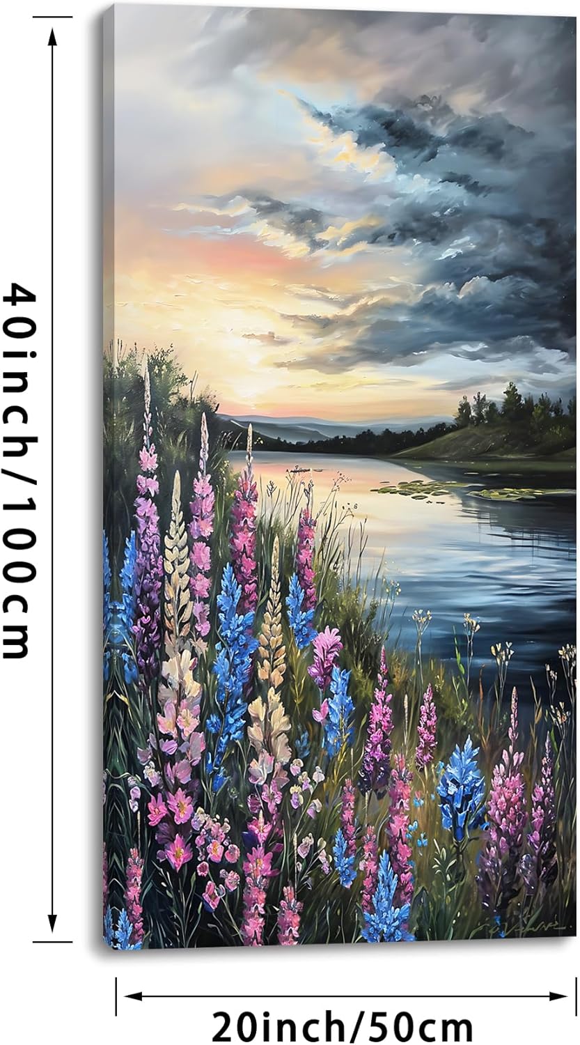 LASMOND Beautiful Colorful Grassland by Riverbank Landscape Wall Art Decor Artwork for Bedroom