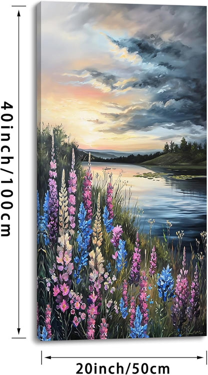 LASMOND Beautiful Colorful Grassland by Riverbank Landscape Wall Art Decor Artwork for Bedroom