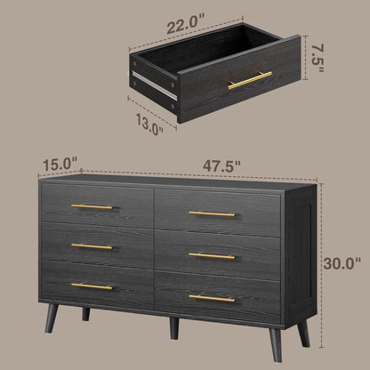 Aiho 6 Drawer Dresser for Bedroom, Chest of Drawers with Metal Handles, Wood Storage Modern Dresser