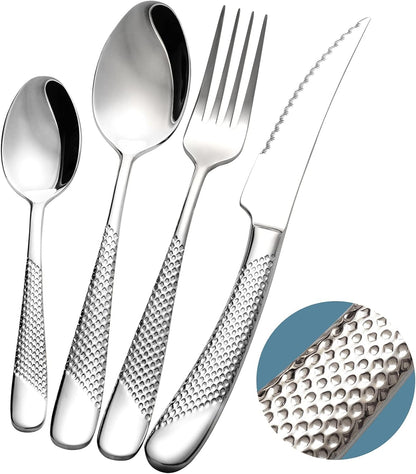 16-Piece Modern Hammered Cutlery Set with Ultra Sharp 2-in-1 Serrated Knife, 18/10 Stainless Steel