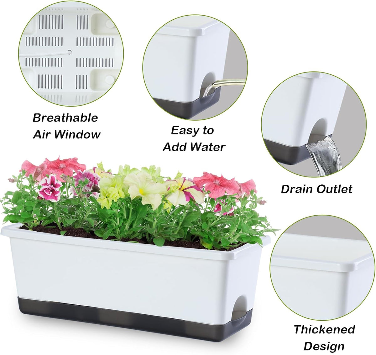 Window Box Planter 8 Pcs, 17 Inches Rectangle Flower Pots with Drainage Holes and Trays, Vegetable