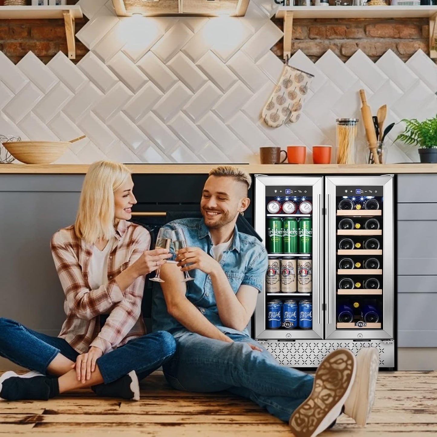 Tylza Wine and Beverage Refrigerator 24 Inch Dual Zone, French Door Wine and Beverage Cooler 24''