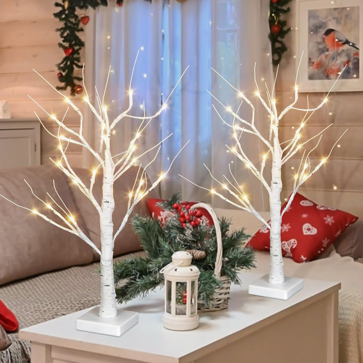 Christmas Decorations Indoor,2 Pack 2 FT White Lighted Birch Tree with Led Lights,Christmas Tree