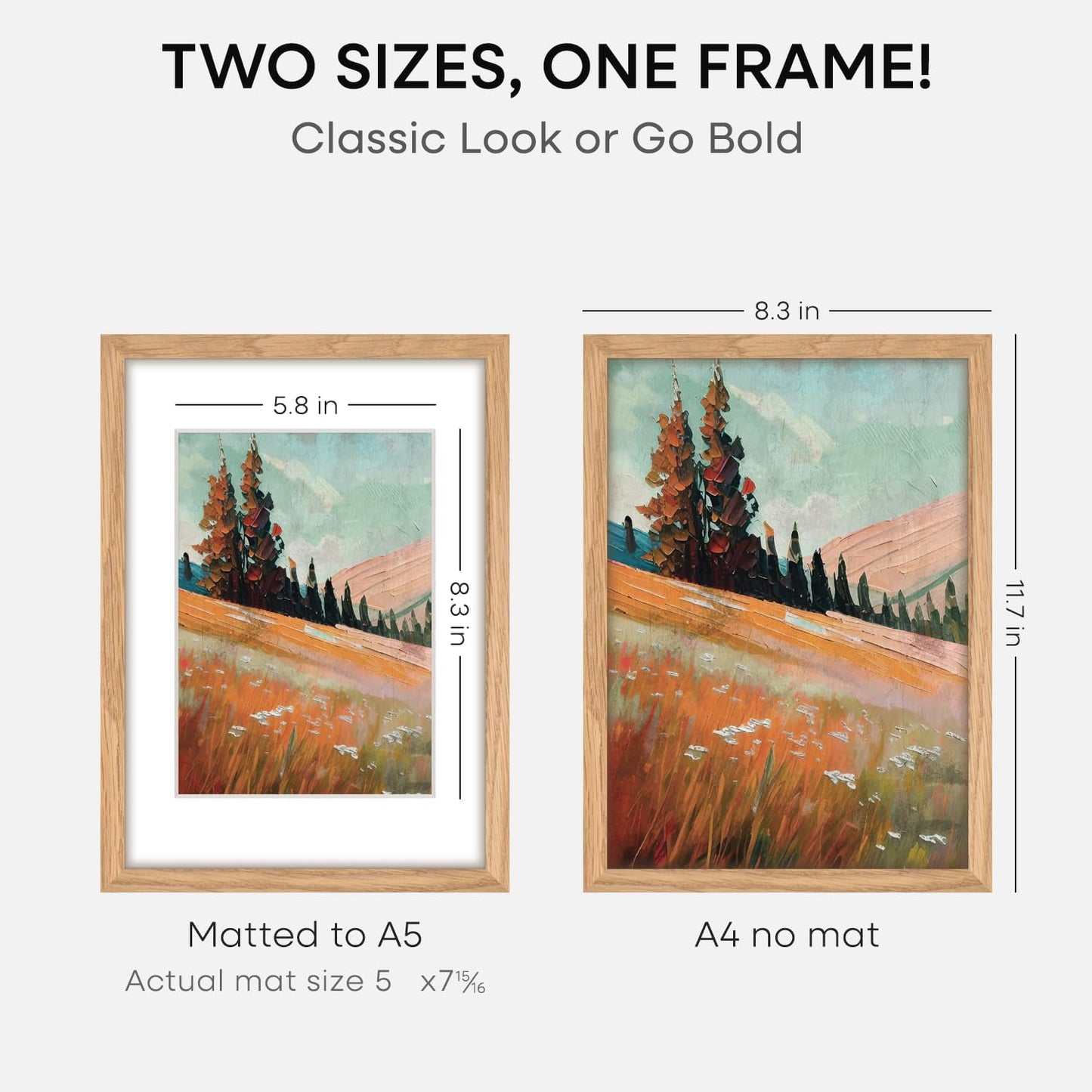 Homeforia A4 Picture Frame Wood, High-End Natural Oak 8.3 x 11.7 Wooden Poster Frames Matted to 5.8