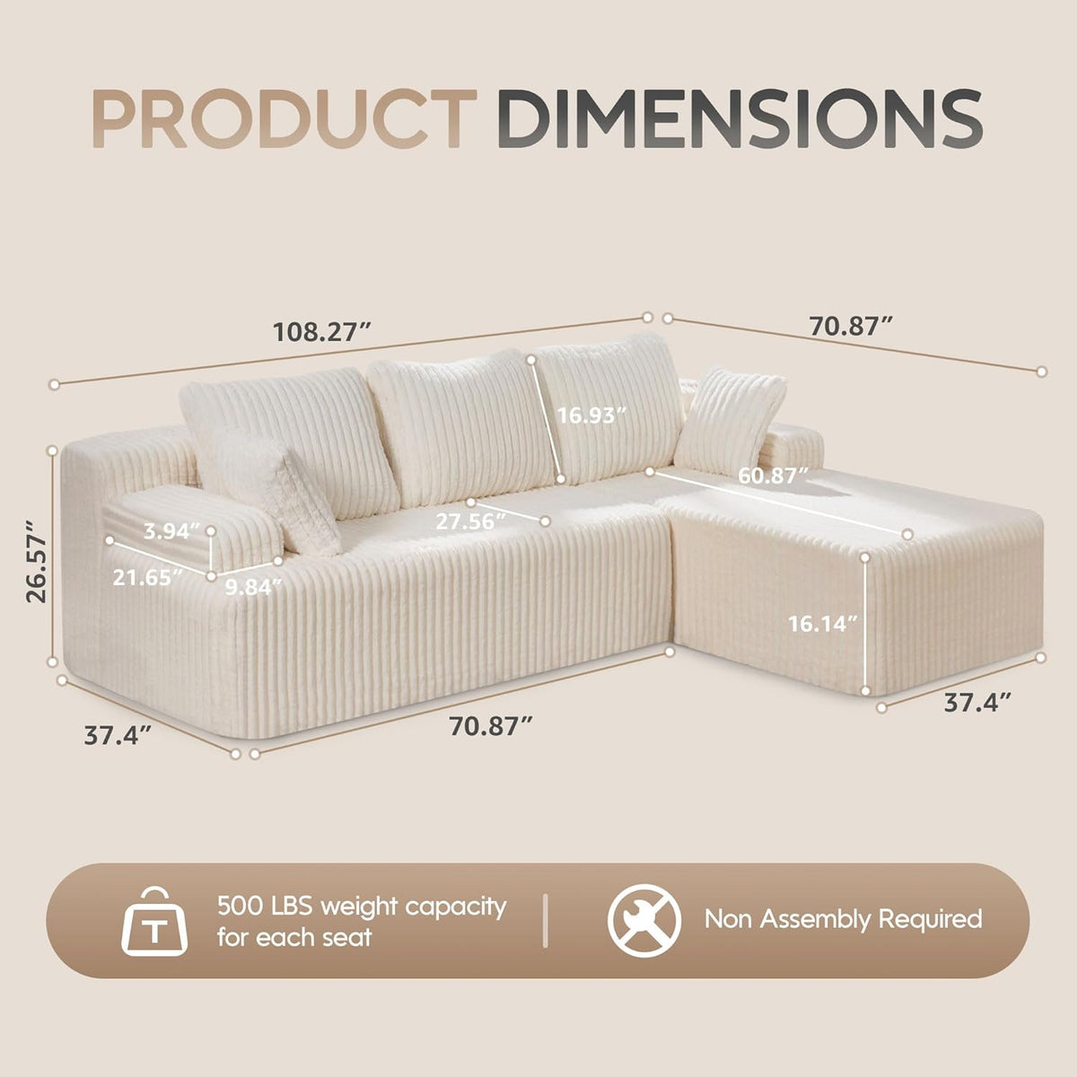 Hobestluk Modular Sectional Sofa Couches 108" L-Shape Couch 3 Seat Modular Sofa Memory Foam