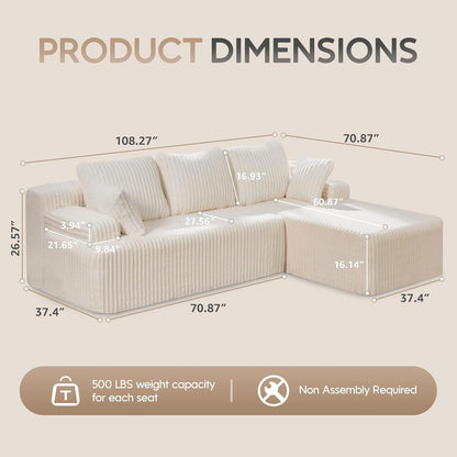 Hobestluk Modular Sectional Sofa Couches 108" L-Shape Couch 3 Seat Modular Sofa Memory Foam