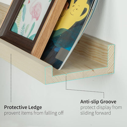SAUMONIERES Picture Ledge Shelf Floating Book Shelves Set of 2 Wall Mounted Solid Wood for Bedroom