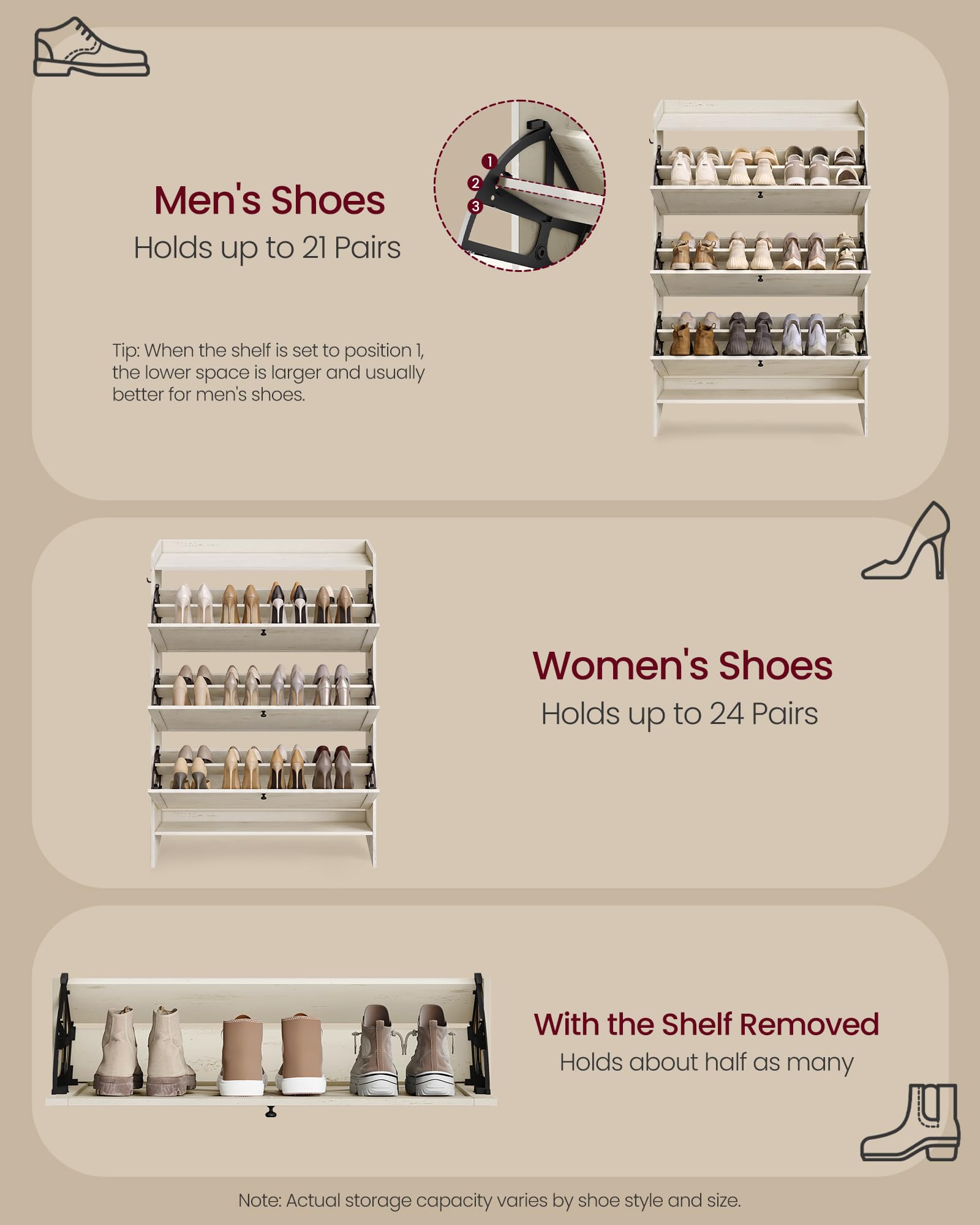 VASAGLE Shoe Storage Cabinet Organizer with 3 Flip Drawers, Freestanding Narrow Shoe Rack Cabinet